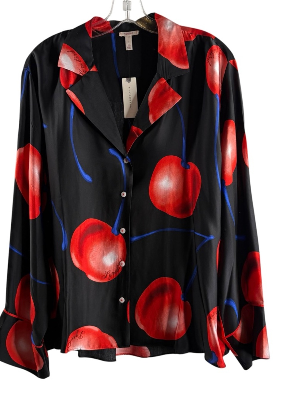 LYREBIRD Anthropologie Black Button-Down Blouse with Red Cherry Motif NWT $88